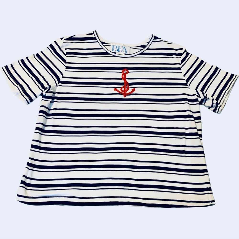 Vintage Braided Red Anchor Blue+White Stripe Slight Crop Nautical T Shirt-Large